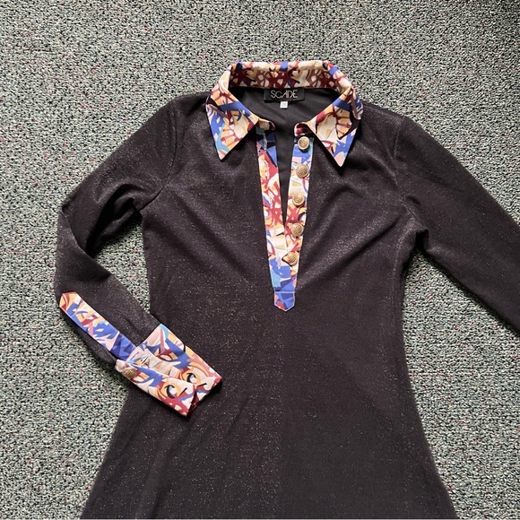 Modest Black Glitter & Vintage Floral Antique Gold Button Fit & Flare Dress Sz S - Picture 6 of 16